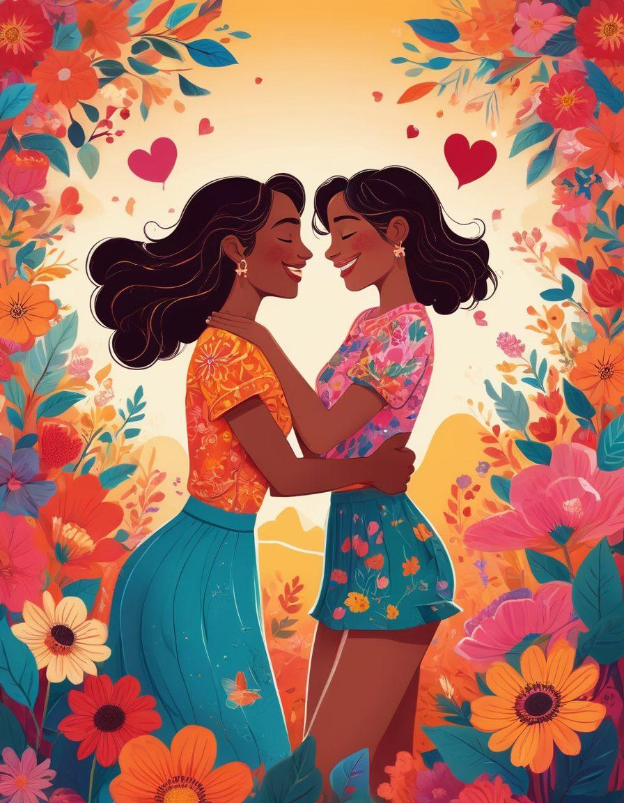A colorful and playful illustration showcasing a joyous celebration of intimacy and sexuality, featuring whimsical characters in a lively setting adorned with flowers, hearts, and playful patterns. Incorporate elements of warmth and excitement with vibrant colors reflecting passion and happiness, while ensuring a tasteful representation of eroticism. The scene should radiate positivity and embrace the essence of joyful connections. cartoon style. vibrant colors. whimsical background.