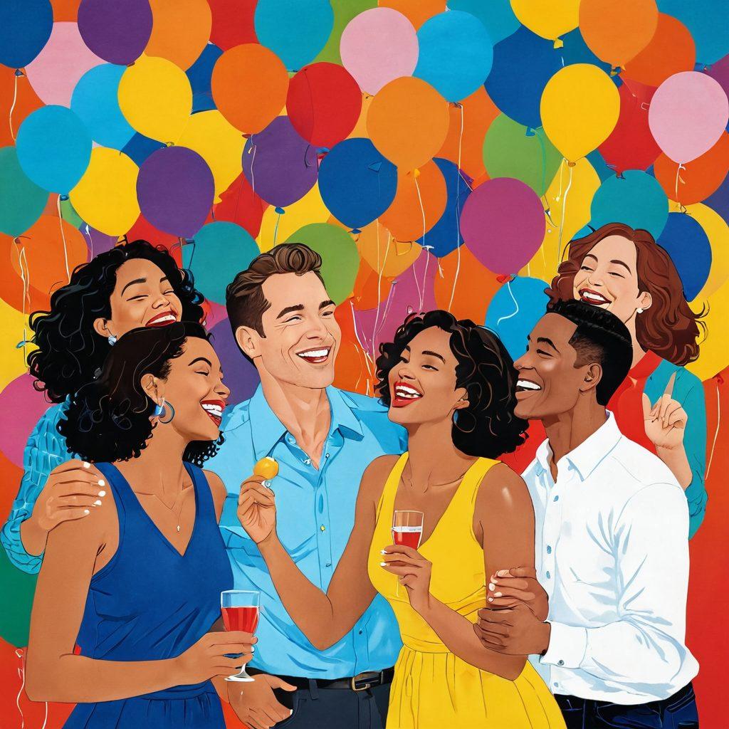 A vibrant illustration depicting a joyful celebration of adult intimacy, featuring a diverse group of individuals joyfully sharing laughter and love in a colorful, whimsical setting. Subtle references to artistry and sexuality are interwoven, enhancing the feeling of bliss and acceptance. The scene is bright and inviting, with warm colors that evoke happiness and connection. Playful decorations like balloons and art pieces add a touch of creativity. pop art. vibrant colors. whimsical setting.