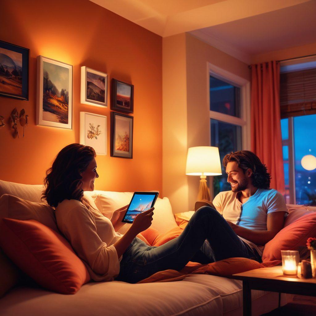 A vibrant and alluring scene depicting a cozy, intimate setting with soft lighting, plush cushions, and romantic decor. Include elements like playful silhouettes, subtle erotic art on the walls, and a couple enjoying a joyful moment while laughing together. A touch of modern technology with a tablet displaying upbeat, artistic content. super-realistic. vibrant colors. soft focus.